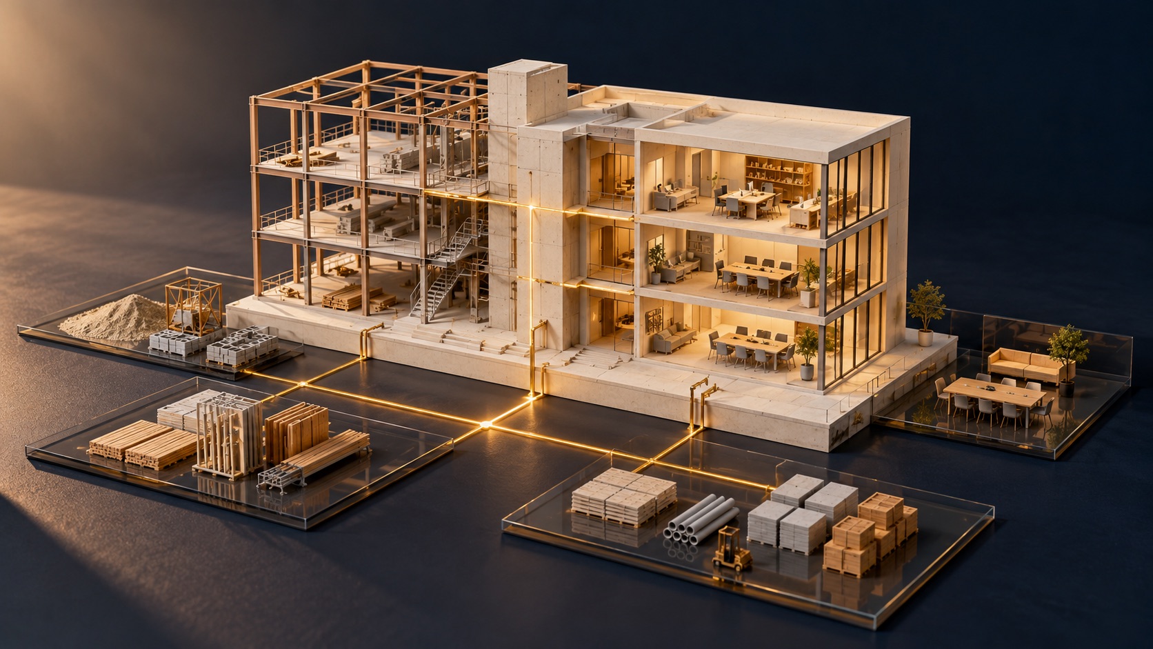 A cutaway construction model and materials connected by amber lines, illustrating field and office information.