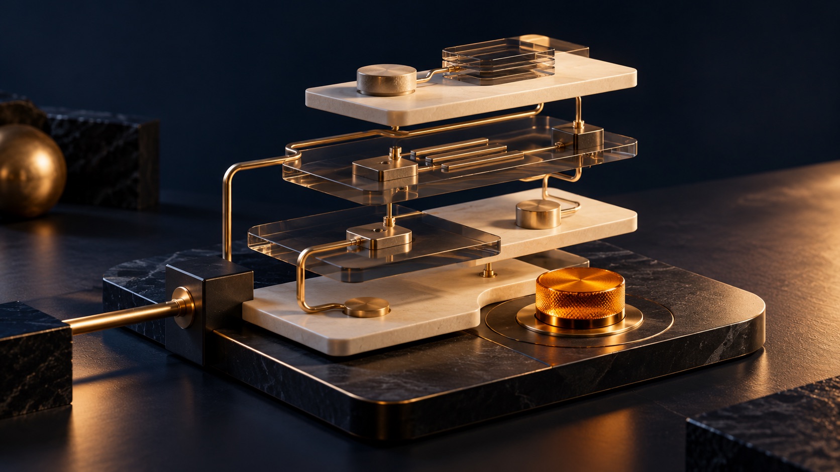 Layered ivory and amber mechanisms on a navy base, representing the components of a custom AI project.