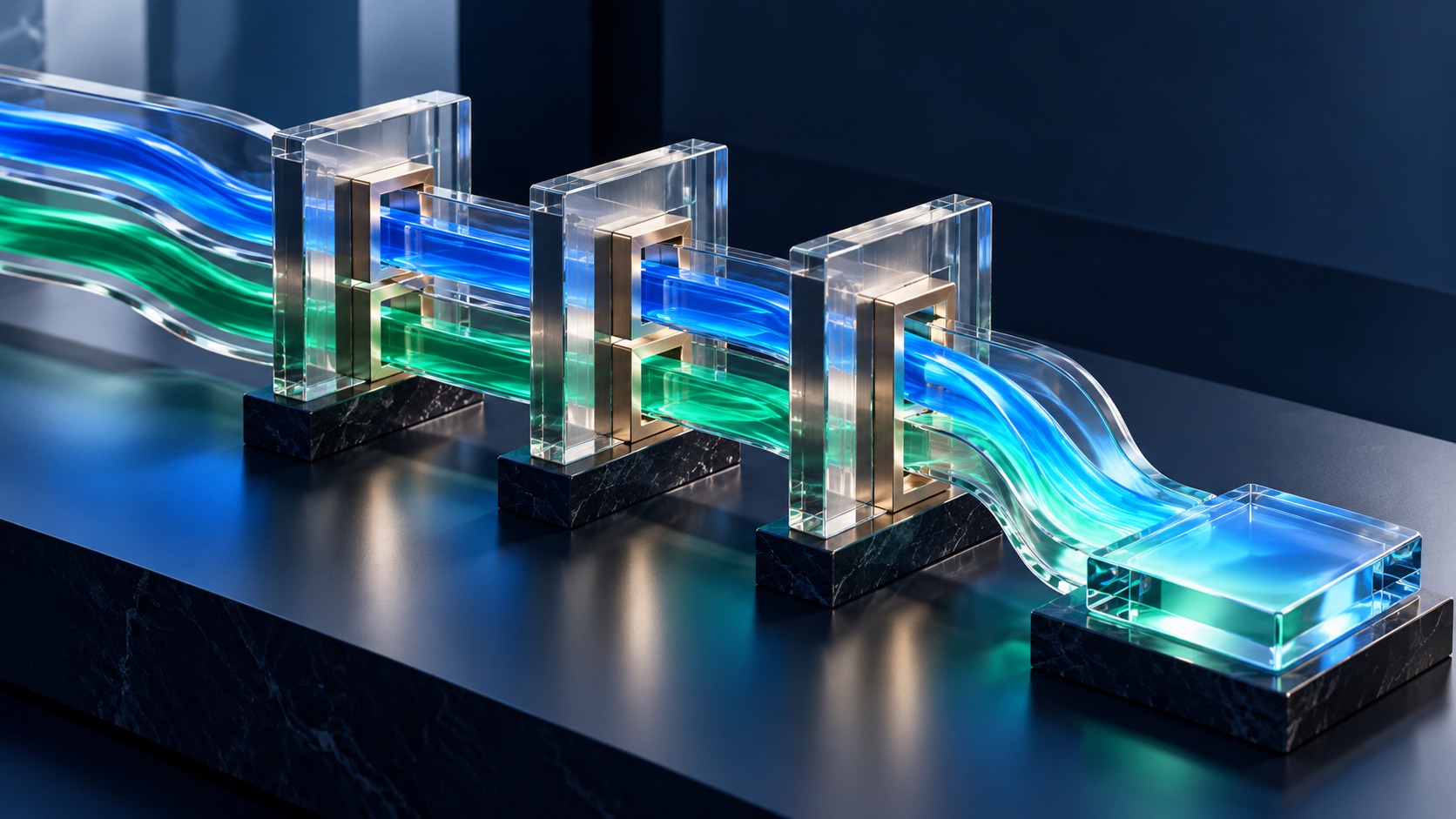 Blue and green streams pass through glass gates toward a shared output, illustrating governed AI workflows.