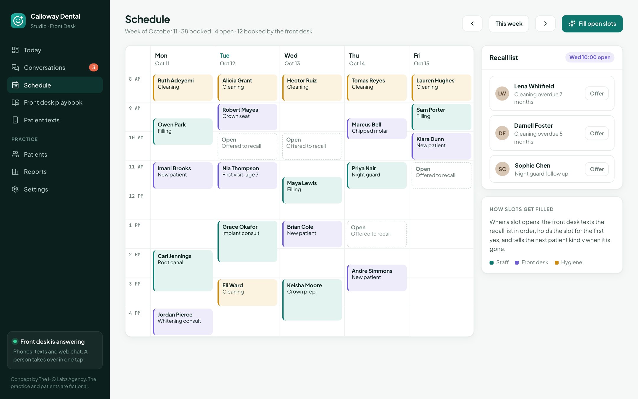 The week, with front desk bookings and recall offers