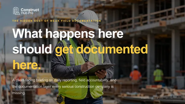 The Construct Hub Pro sales deck cover: What happens here should get documented here