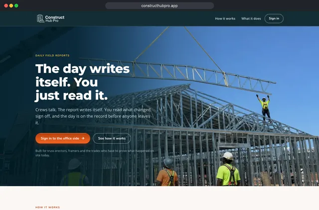 The Construct Hub Pro website: The day writes itself. You just read it.