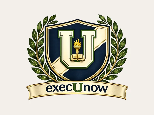 The execUnow crest: a gold U on a navy shield inside a laurel