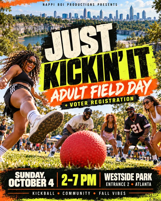 The Just Kickin' It adult field day flyer, Sunday, October 4, Westside Park
