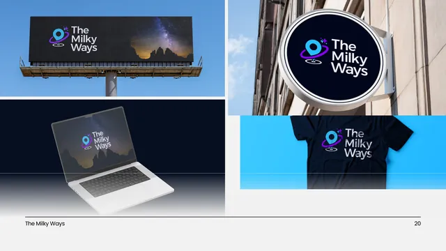 A page of The Milky Ways brand guidelines: the mark on a billboard, a laptop, a sign and a shirt