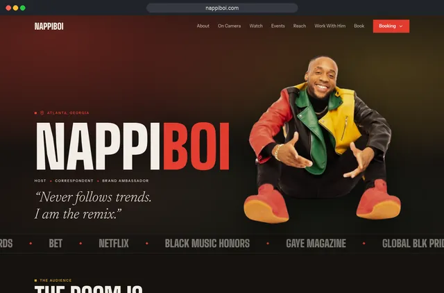 The NappiBoi website: his name in bold red over his portrait