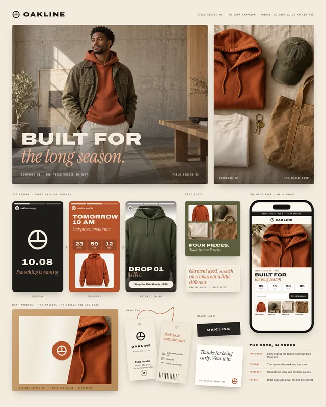 Concept: the Oakline Supply first drop campaign, two lookbook photographs, three days of stories that build to the reveal, feed posts, the drop page on a phone, the mailer with its tissue and seal, the hang tag, the woven label and the card in the box