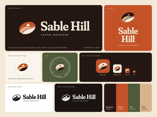 Concept: the Sable Hill Coffee Roasters logo suite, a coffee bean drawn as two hills at sunrise, with the wordmark, a stacked lockup, a seal, app icons, one color versions and the palette