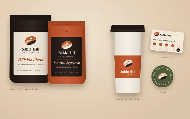 Concept: Sable Hill coffee bags in espresso and ember, a cup with its sleeve, a loyalty card and a sticker