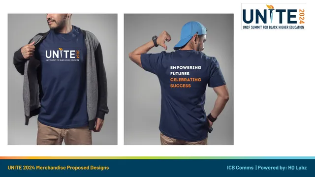 Proposed UNITE 2024 shirts: the UNITE mark on the front, Empowering futures on the back