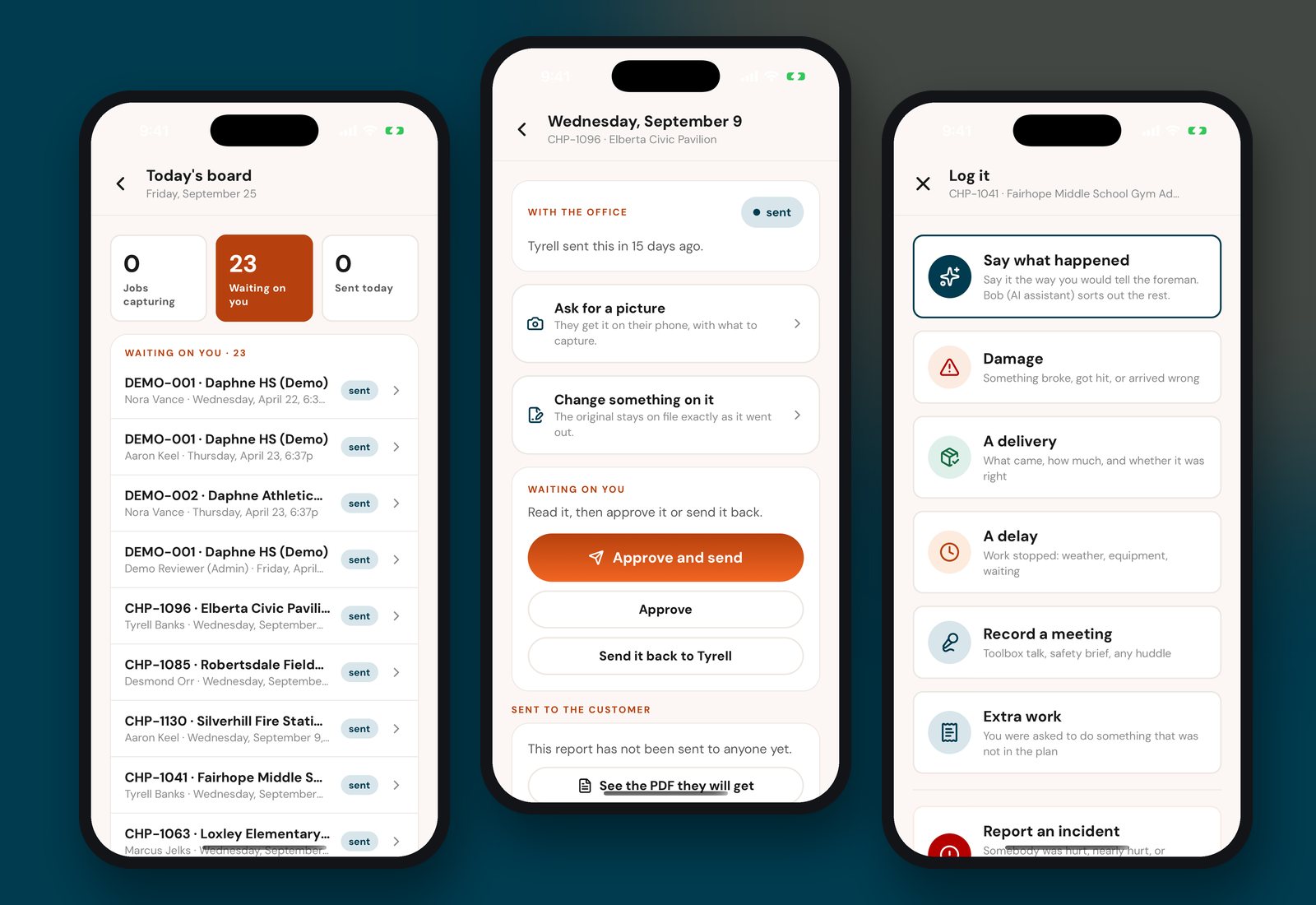 Three screens from the Construct Hub Pro iPhone app: the office board, a report waiting for approval, and Log it