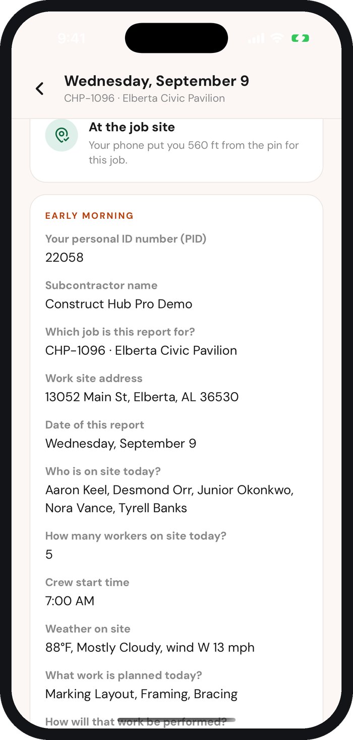 The report itself, with the phone's check that the crew was at the job site