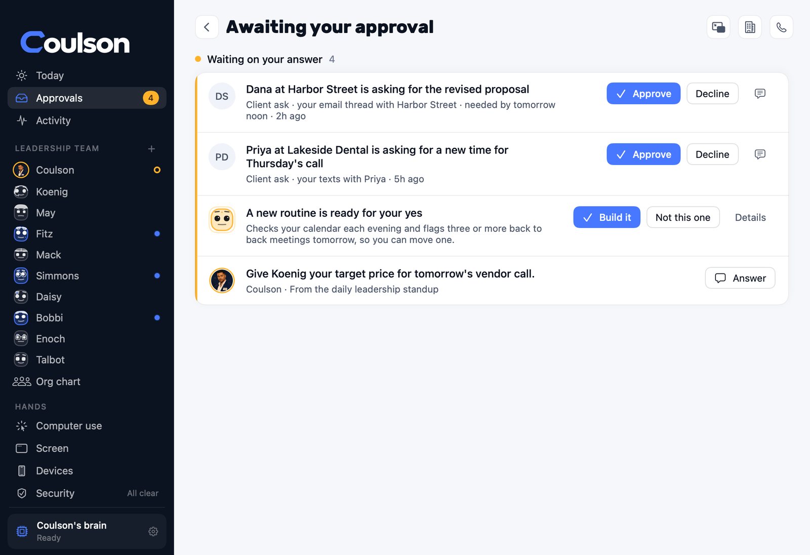 Coulson's approvals page with two client requests, a new routine and a question from the daily standup, shown with sample data