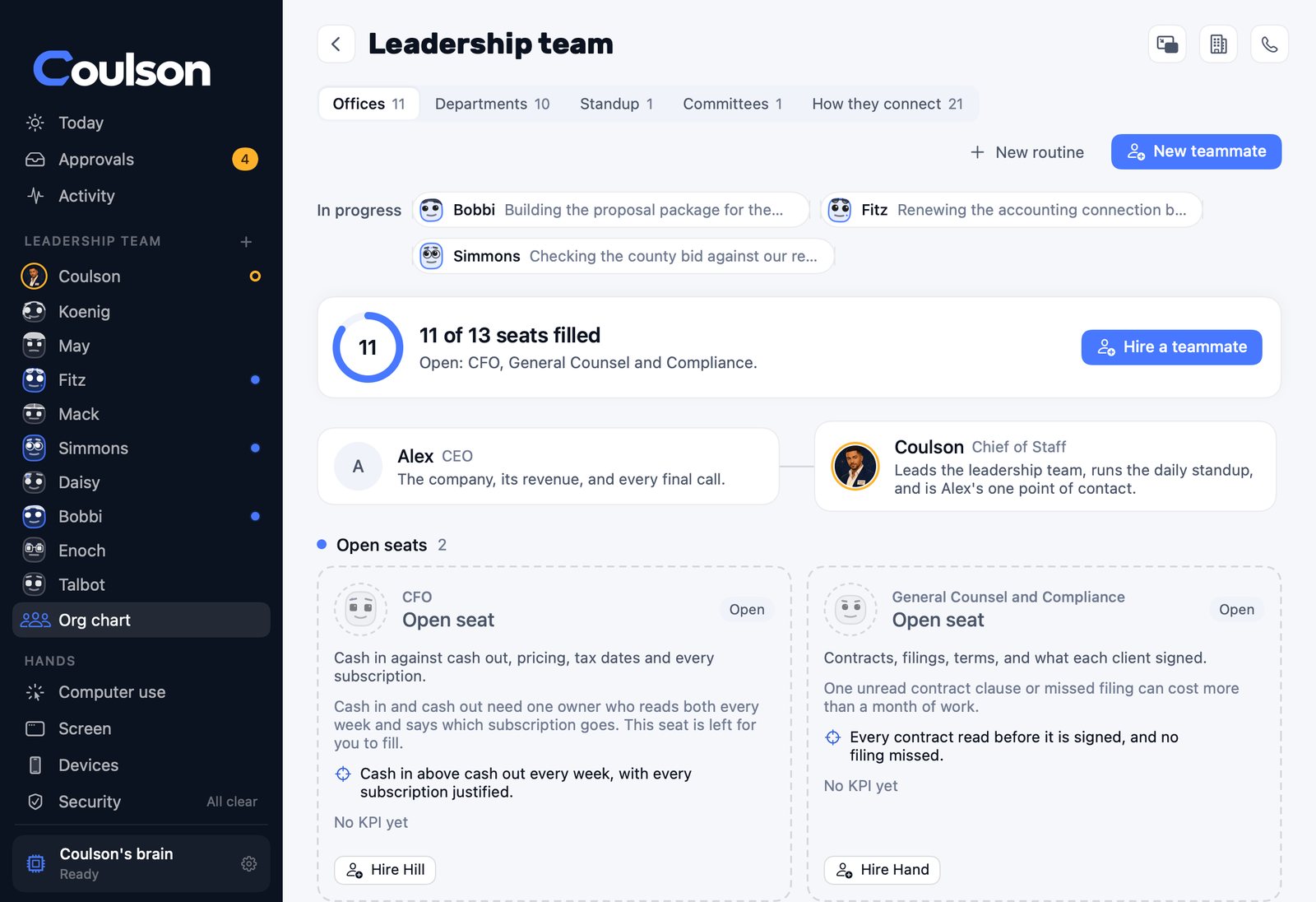Coulson's team page with the agents and their roles, shown with sample data