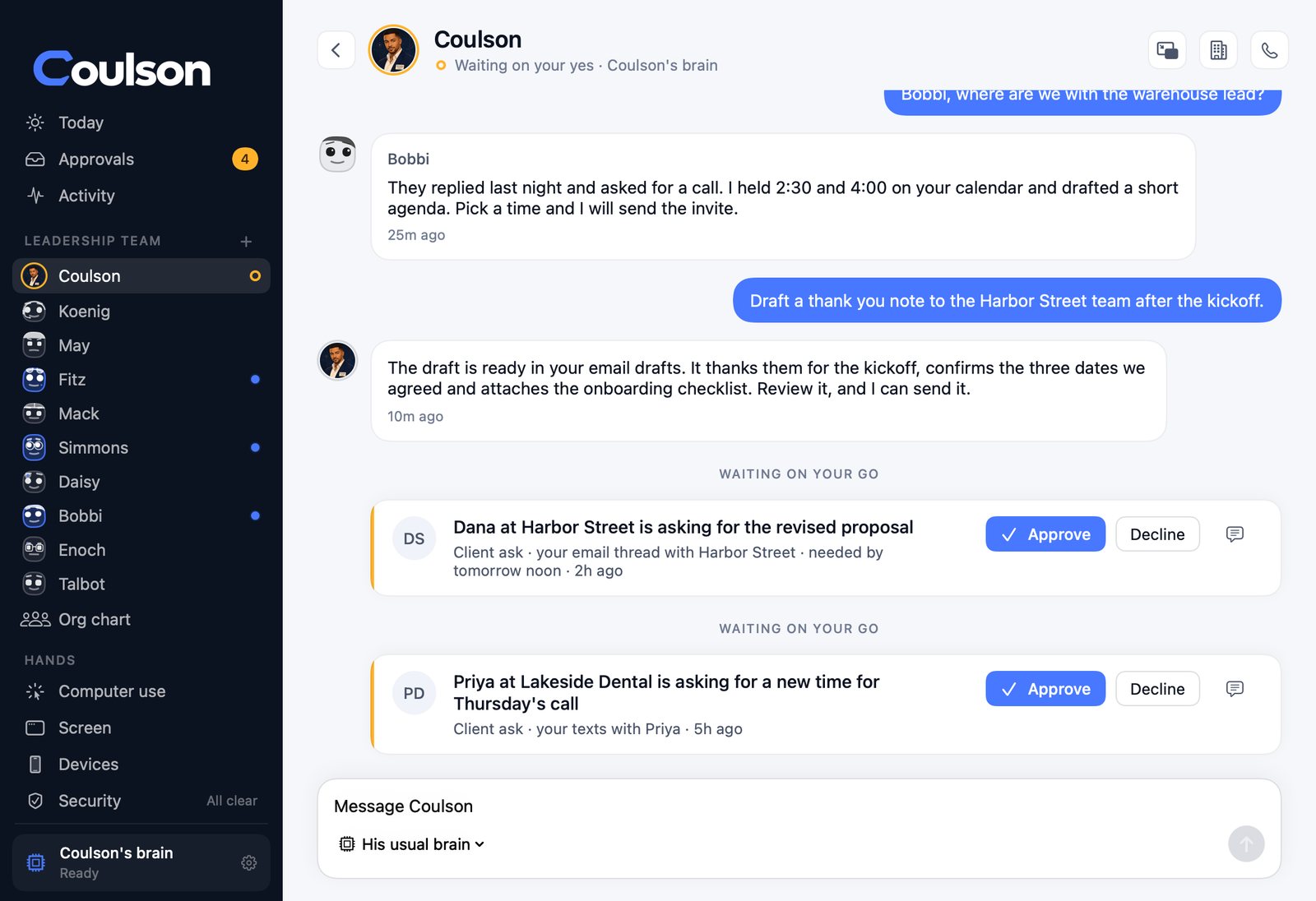 A conversation with Coulson: a question to the head of sales, her answer, a drafted thank you note and two client requests waiting, shown with sample data