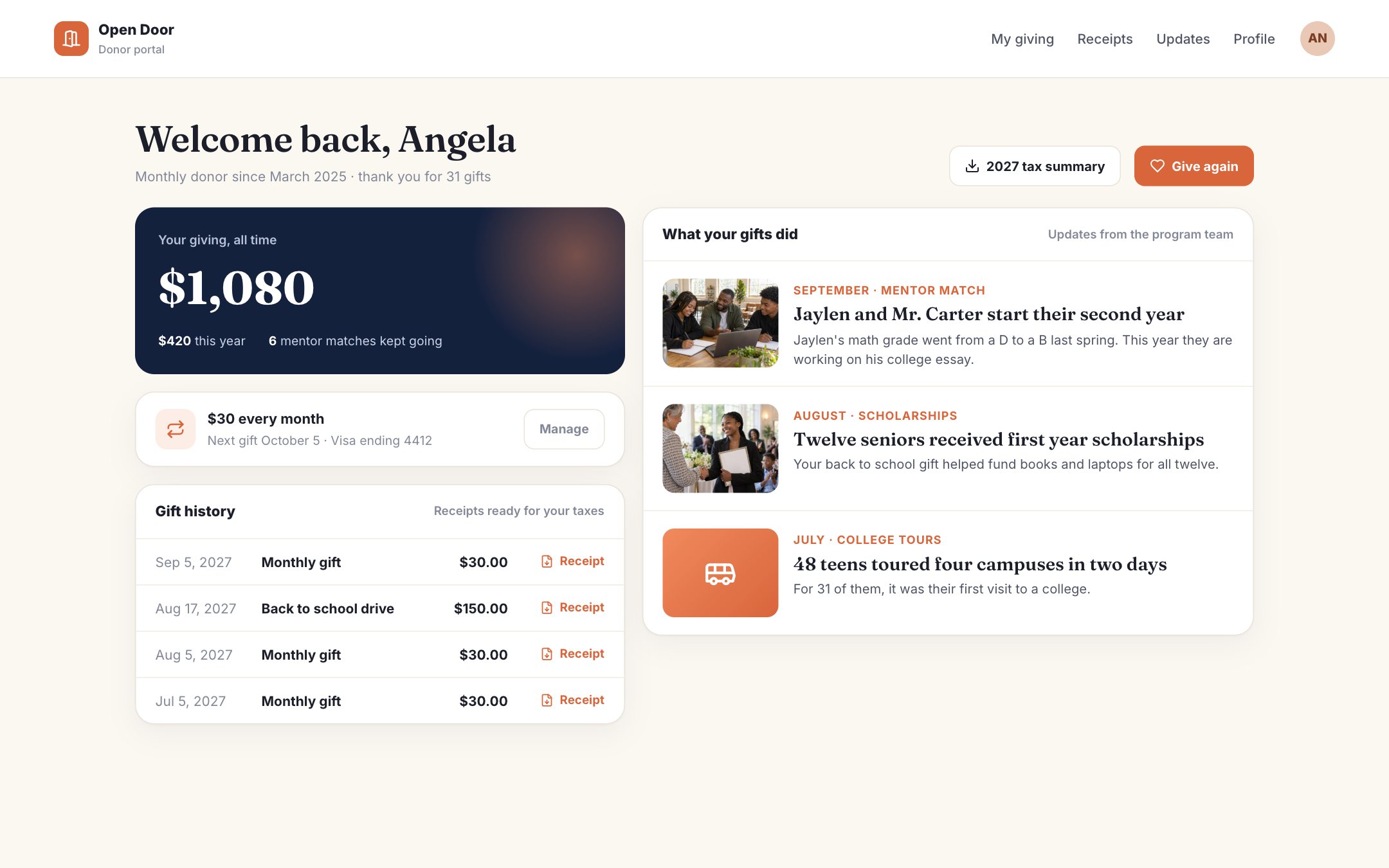 The donor portal: history, receipts and what the gifts did