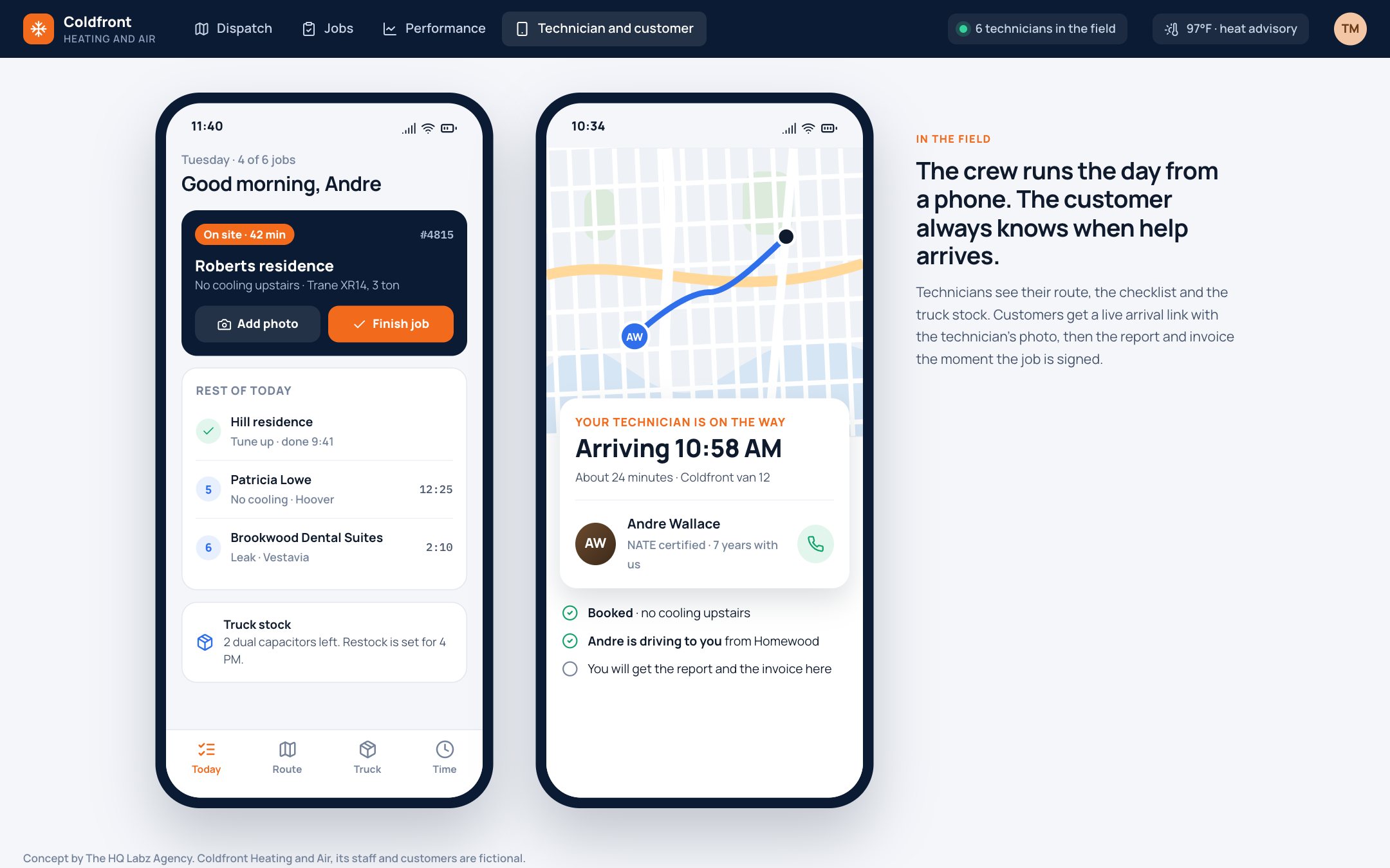 The technician app and the customer's arrival link